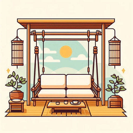 Vector illustration of a wooden swing with a pillow on the balcony.のイラスト素材