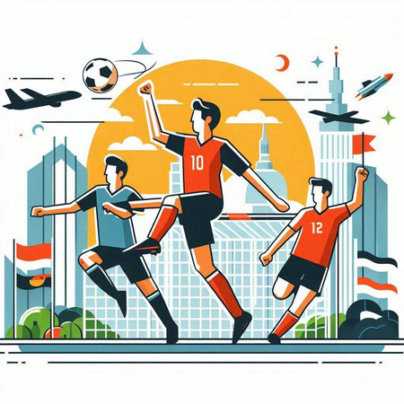 Soccer or football players on the background of the city. Vector illustrationのイラスト素材