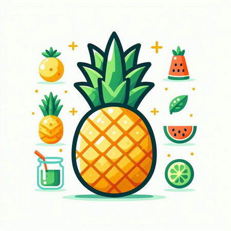 Pineapple fruit and juice. Vector illustration in flat style.のイラスト素材