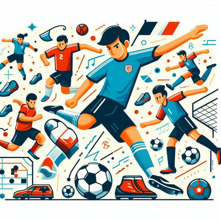 Soccer background with football players and sport equipment. Vector illustration.のイラスト素材