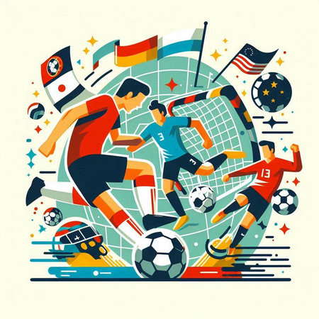 Soccer players in action with national flags and soccer balls. Vector illustration.のイラスト素材