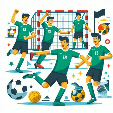 Soccer players in action. Vector illustration in flat cartoon style.のイラスト素材