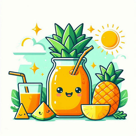 Cute cartoon pineapple smoothie in a jar. Vector illustration.のイラスト素材