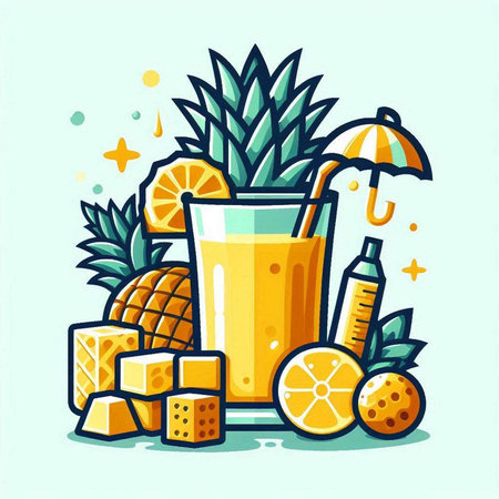 Pineapple juice in a glass with ice cubes and fruits. Vector illustration.のイラスト素材