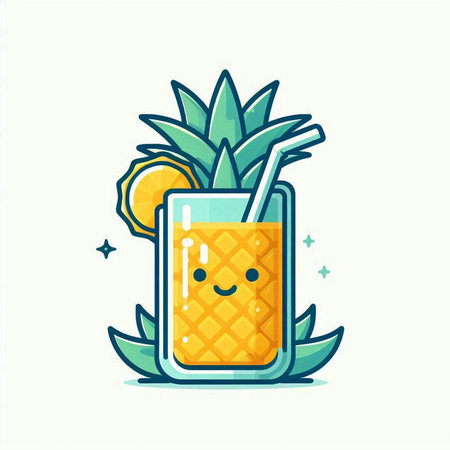 Cute pineapple smoothie in glass with straw and lemon. Vector illustration.のイラスト素材