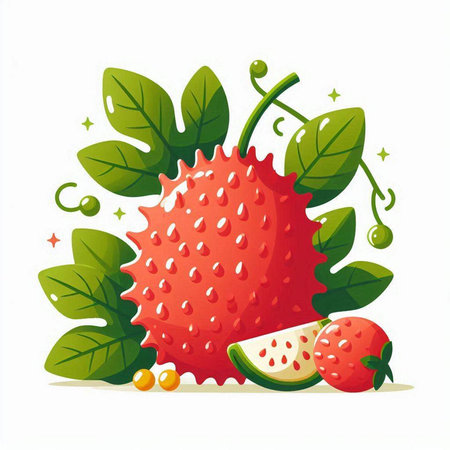 Illustration of fresh ripe lychee fruit with green leaves.のイラスト素材