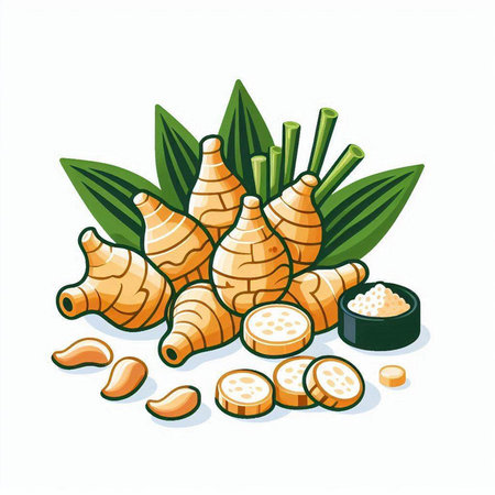 Ginger root and ginger powder isolated on white background. Vector illustration.のイラスト素材