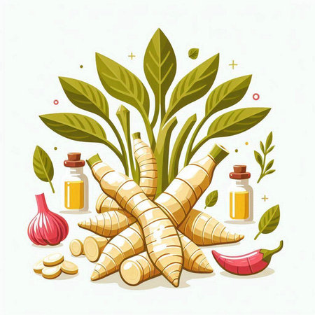 Ginger root, essential oil and spices. Flat vector illustration.のイラスト素材