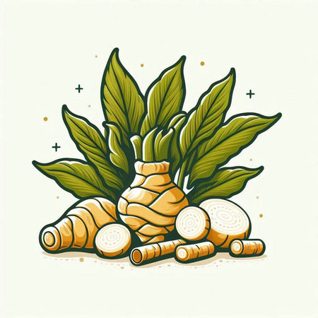 Ginger root and leaves vector illustration. Hand drawn sketch style.のイラスト素材