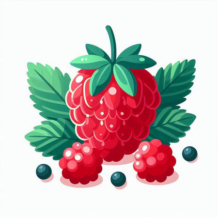 Raspberry with leaves and berries. Vector illustration in cartoon style.のイラスト素材