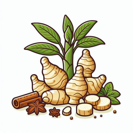 Ginger root and spices on a white background. Vector illustration.のイラスト素材