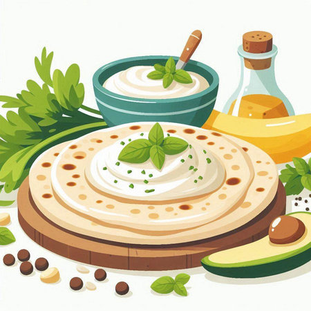 Illustration of a bowl with fresh hummus, olive oil and herbsのイラスト素材