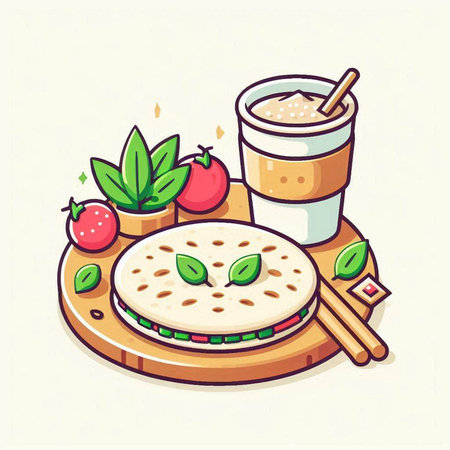 Illustration of a sandwich with a cup of coffee and chopsticksのイラスト素材