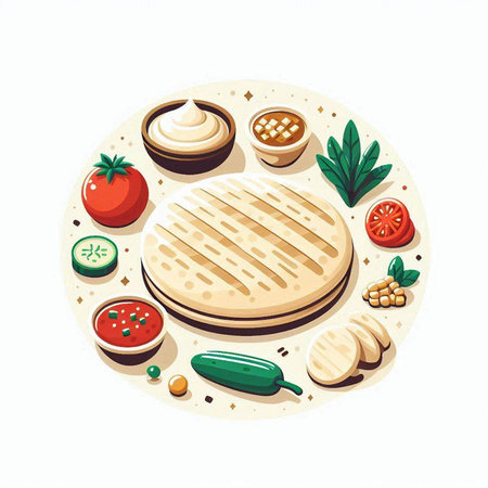 Illustration of a round plate with tortillas, vegetables and saucesのイラスト素材