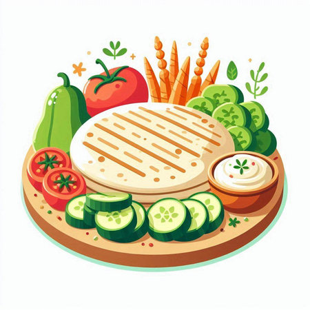 Tortilla with vegetables on a wooden board. Vector illustration.のイラスト素材