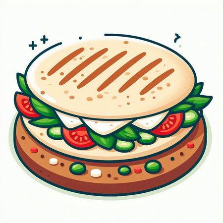 Illustration of a hamburger with cheese and tomatoes on a white backgroundのイラスト素材