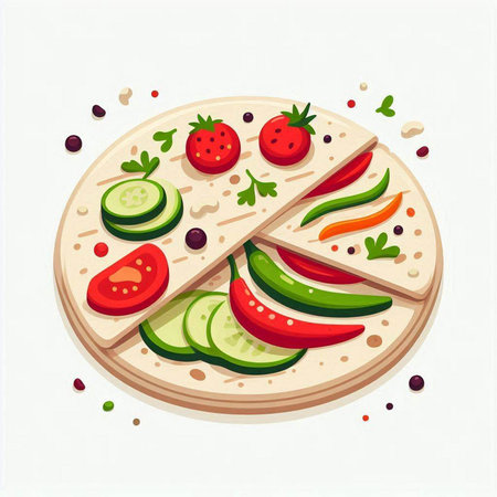 Vector illustration of pizza with tomatoes, cucumbers, pepper and parsleyのイラスト素材