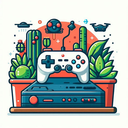 Gamepad with joystick and cactus in pot. Vector illustration.のイラスト素材