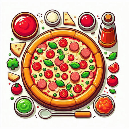 Vector illustration of pizza with tomato, mozzarella and basil.のイラスト素材