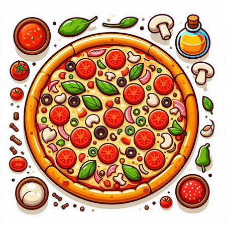 Pizza with tomato, mushrooms, olives and basil. Vector illustration.のイラスト素材