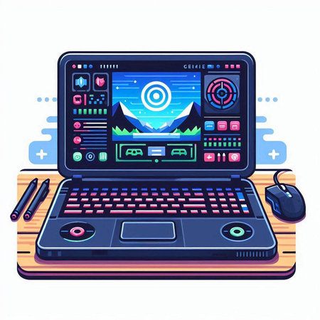Laptop and mouse on the table. Vector illustration in flat styleのイラスト素材