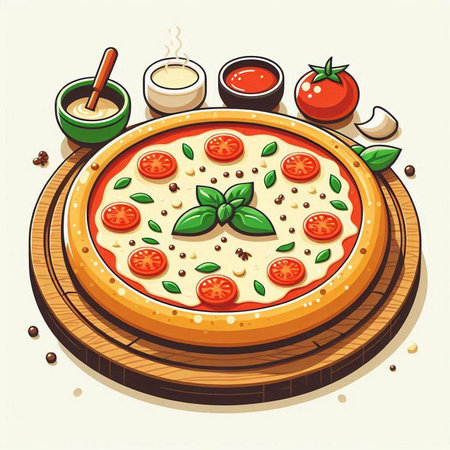 Pizza with tomato, mozzarella and basil. Vector illustration.のイラスト素材