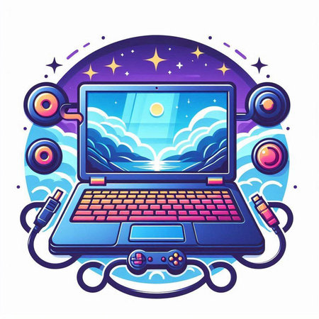 Laptop with video game elements. Vector illustration in cartoon style.のイラスト素材