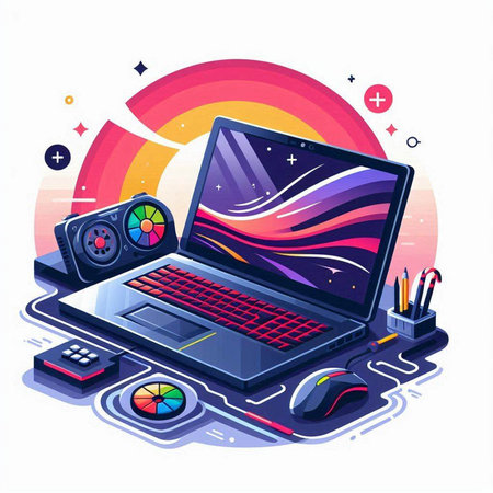 Laptop and computer accessories on white background. Isometric vector illustration.のイラスト素材