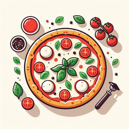 Pizza with mozzarella, tomato and basil. Vector illustration.のイラスト素材