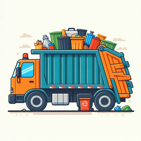 Garbage truck. Vector illustration in flat style. Colorful vector illustration.のイラスト素材
