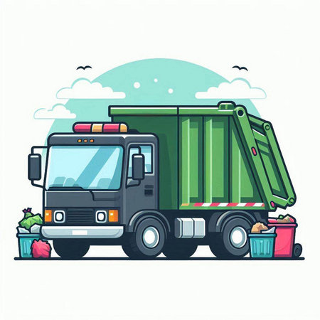 Garbage truck with garbage bags and trash cans. Vector illustration.のイラスト素材