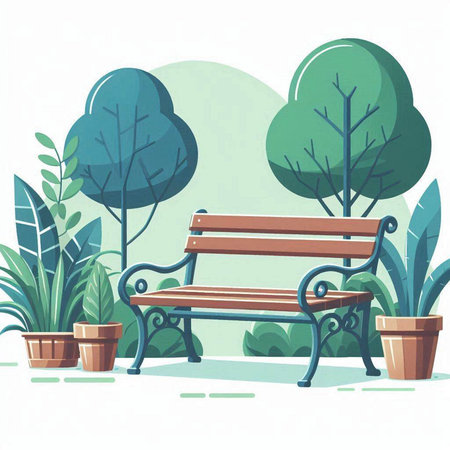 Vector illustration of a bench in the park with trees and plants.のイラスト素材