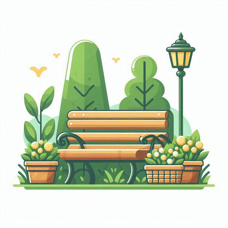 Vector illustration of a park bench with a basket of flowers and trees.のイラスト素材