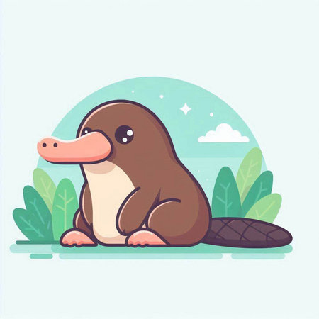 Cute cartoon platypus sitting on the ground. Vector illustration.のイラスト素材
