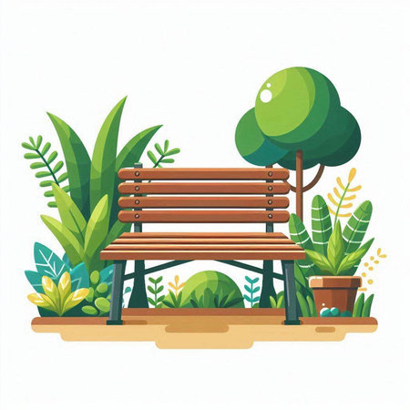 Wooden bench in the garden. Vector illustration in flat style.のイラスト素材