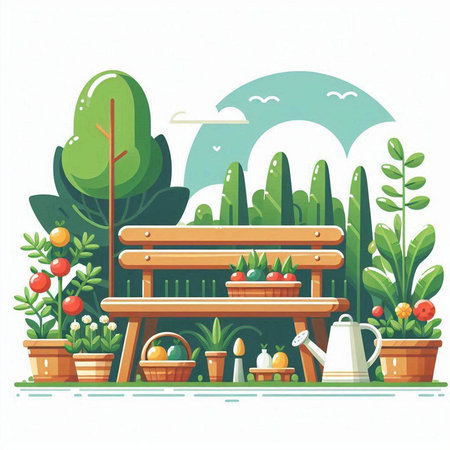 Gardening concept. Vector illustration of garden with wooden bench, plants, flowers and vegetables.のイラスト素材
