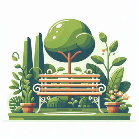 Vector illustration of a bench in the park with trees, flowers and plants.のイラスト素材