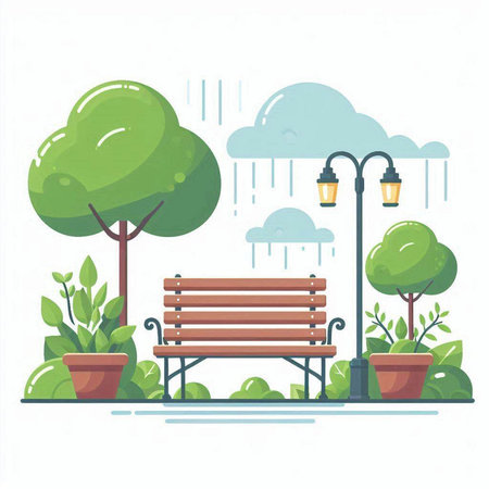 Park bench and trees in the rain. Vector illustration in flat style.のイラスト素材