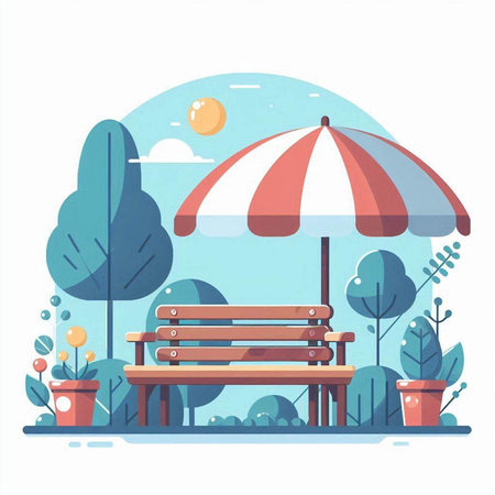 Vector illustration of park bench with umbrella and flower pot. Flat style.のイラスト素材
