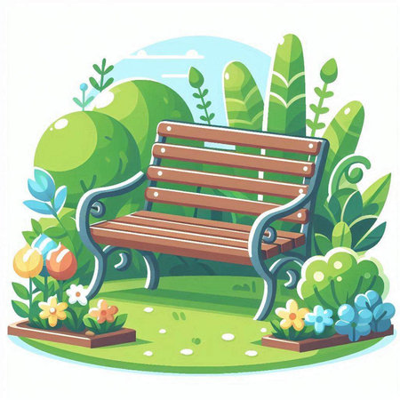 Bench in the garden. Vector illustration in cartoon style on white background.のイラスト素材