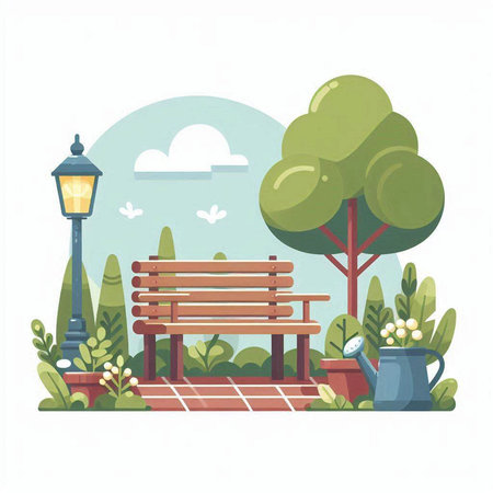 Bench in the park. Vector illustration in a flat style. Park in the summer.のイラスト素材