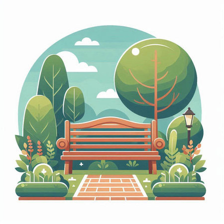 Bench in the park. Vector illustration in a flat style. Park with trees, bushes and lanterns.のイラスト素材