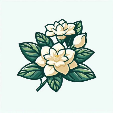 Jasmine flowers with green leaves on light background. Vector illustration.のイラスト素材