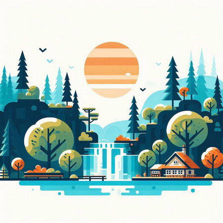 Landscape with river, trees and houses. Flat style vector illustration.のイラスト素材