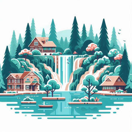 Waterfall in the forest. Waterfall in the mountains. Vector illustration.のイラスト素材