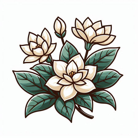 Illustration of jasmine flowers with green leaves on white backgroundのイラスト素材
