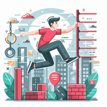 Vector illustration of a man jumping over obstacles in the city. Flat style design.のイラスト素材