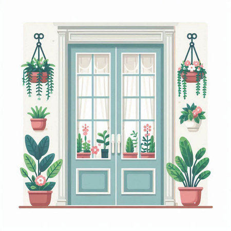 Flowers and plants in pots on the door. Vector illustration.のイラスト素材