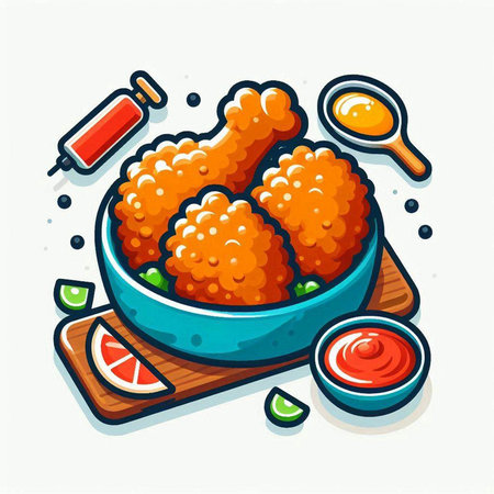 Fried chicken drumsticks in a bowl with sauce. Vector illustration.のイラスト素材