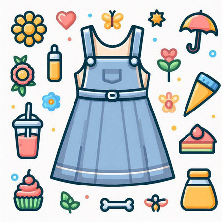 Cute doodle vector illustration of a set of clothing and accessories.のイラスト素材